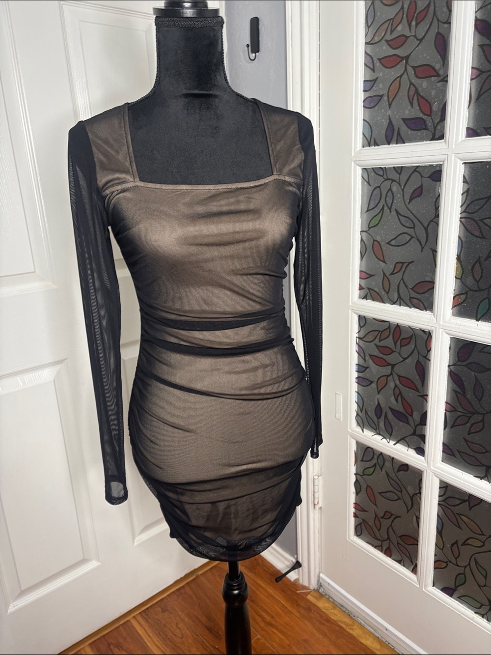 Shinestar Black Sheer Long-Sleeve Bodycon Dress